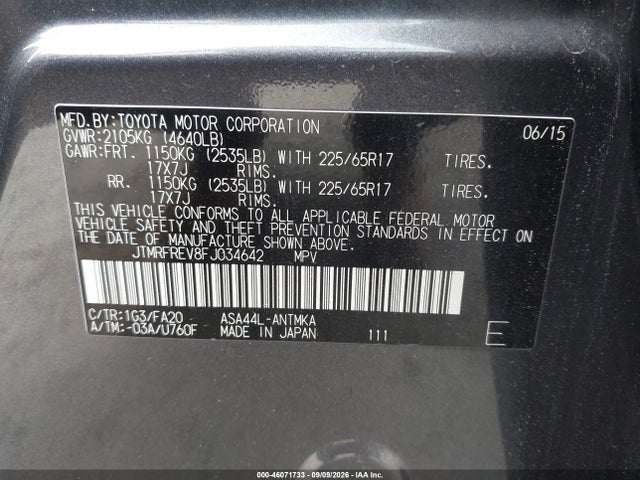 46071733 :رقم المزاد ، JTMRFREV8FJ034642 vin ، 2015 Toyota Rav4 Xle مزاد بيع