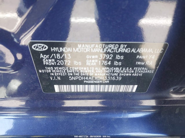 2013 Hyundai Elantra Gls მანქანა იყიდება აუქციონზე, vin: 5NPDH4AEXDH331639, აუქციონის ნომერი: 46071734