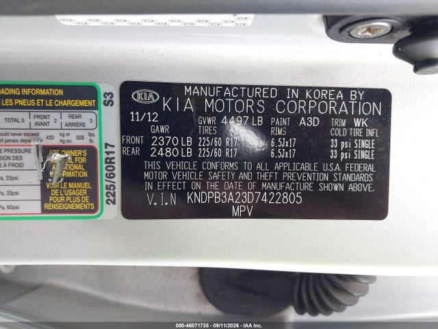 Продажа на аукционе авто 2013 Kia Sportage Lx, vin: KNDPB3A23D7422805, номер лота: 46071735