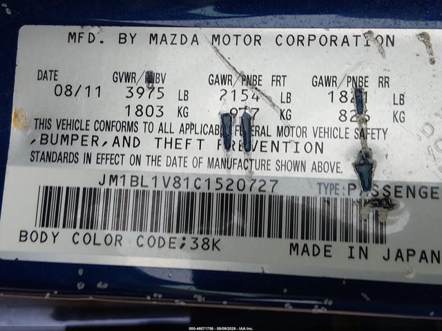 Aukcja sprzedaży 2012 Mazda Mazda3 I Touring, vin: JM1BL1V81C1520727, numer aukcji: 46071758