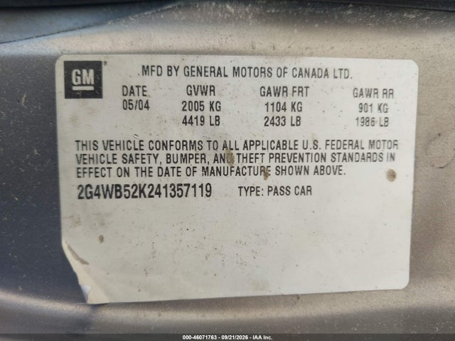 46071763 :رقم المزاد ، 2G4WB52K241357119 vin ، 2004 Buick Regal Ls مزاد بيع