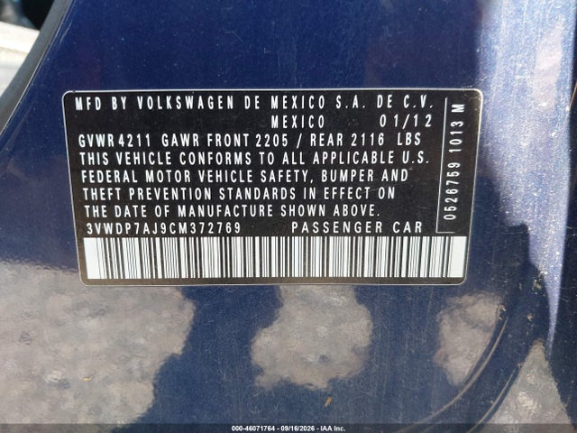 2012 Volkswagen Jetta 2.5l Se მანქანა იყიდება აუქციონზე, vin: 3VWDP7AJ9CM372769, აუქციონის ნომერი: 46071764