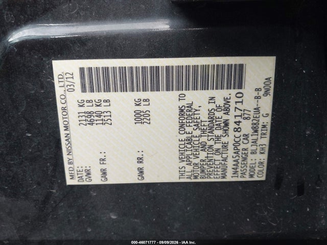 Продаж на аукціоні авто 2012 Nissan Maxima 3.5 Sv, vin: 1N4AA5AP0CC841710, номер лоту: 46071777