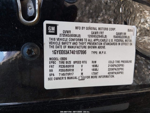 2004 Cadillac Srx V8 მანქანა იყიდება აუქციონზე, vin: 1GYEE63A740187896, აუქციონის ნომერი: 46071784