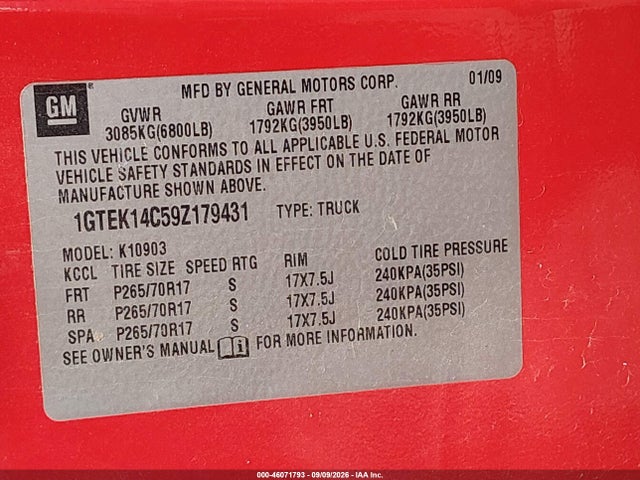 46071793 :رقم المزاد ، 1GTEK14C59Z179431 vin ، 2009 Gmc Sierra 1500 Work Truck مزاد بيع