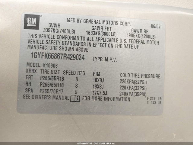 Aukcja sprzedaży 2007 Cadillac Escalade Esv Standard, vin: 1GYFK66867R429034, numer aukcji: 46071795