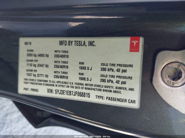 Tesla Model 3 Long Range/performance 2018 5YJ3E1EB7JF068815 Image 9