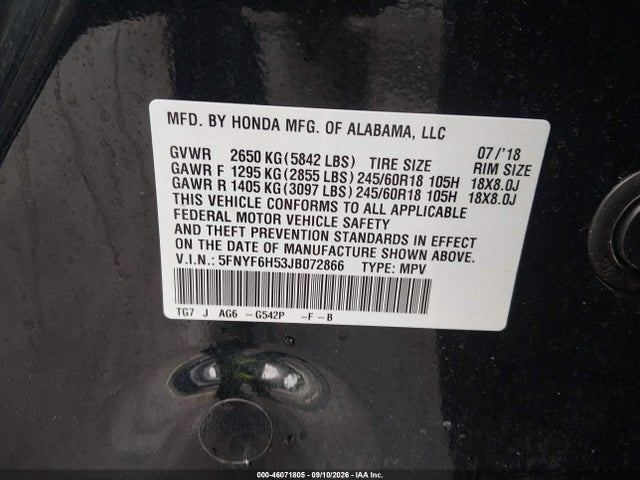 Aukcja sprzedaży 2018 Honda Pilot Ex-l, vin: 5FNYF6H53JB072866, numer aukcji: 46071805