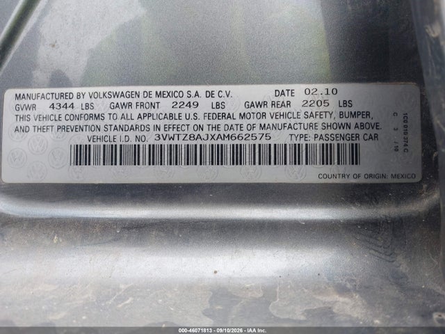 Aukcja sprzedaży 2010 Volkswagen Jetta Se, vin: 3VWTZ8AJXAM662575, numer aukcji: 46071813