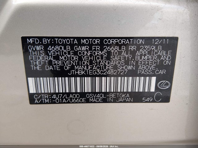 Aukcja sprzedaży 2012 Lexus Es 350, vin: JTHBK1EG3C2482727, numer aukcji: 46071822