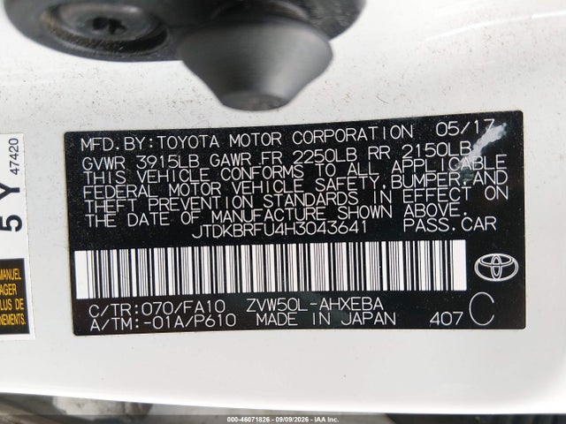 JTDKBRFU4H3043641 Toyota Prius Two
