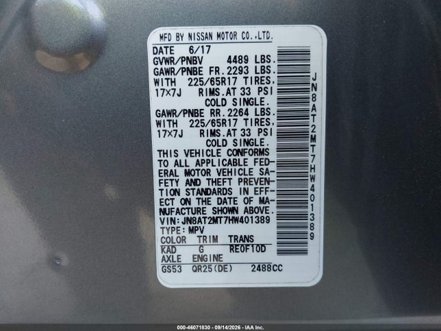 Aukcja sprzedaży 2017 Nissan Rogue S, vin: JN8AT2MT7HW401389, numer aukcji: 46071830