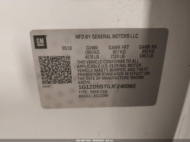 2018 Chevrolet Malibu Lt მანქანა იყიდება აუქციონზე, vin: 1G1ZD5ST0JF240060, აუქციონის ნომერი: 46071836