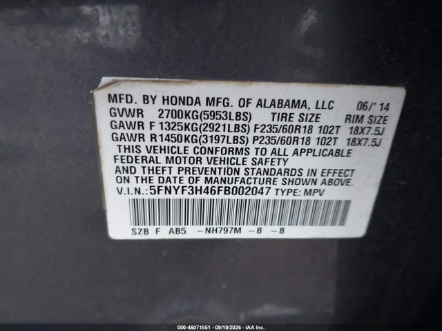 2015 Honda Pilot Ex მანქანა იყიდება აუქციონზე, vin: 5FNYF3H46FB002047, აუქციონის ნომერი: 46071851