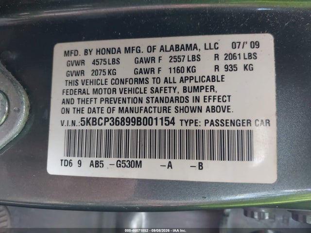 46071852 :رقم المزاد ، 5KBCP36899B001154 vin ، 2009 Honda Accord 3.5 Ex-l مزاد بيع