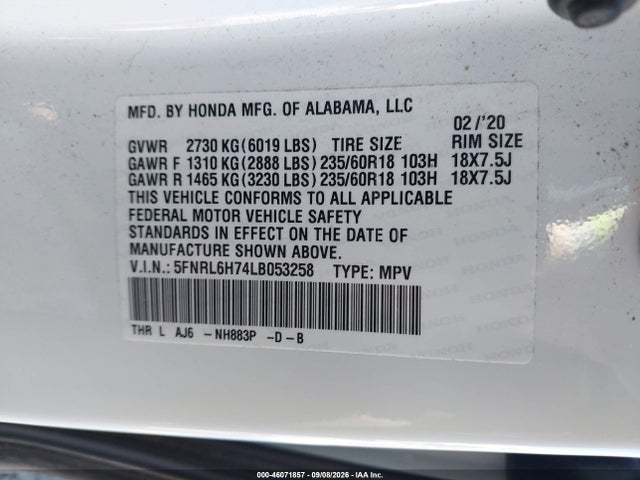 Продажа на аукционе авто 2020 Honda Odyssey Ex-l/ex-l W/navi   Res, vin: 5FNRL6H74LB053258, номер лота: 46071857