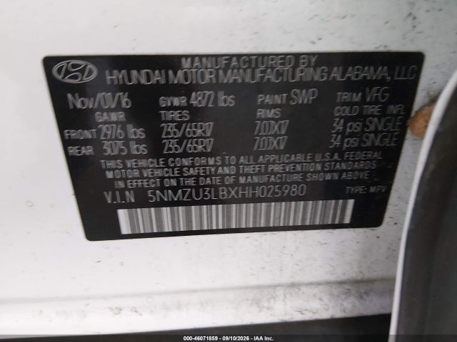 46071859 :رقم المزاد ، 5NMZU3LBXHH025980 vin ، 2017 Hyundai Santa Fe Sport 2.4l مزاد بيع