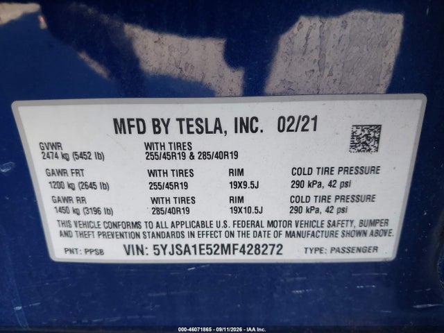 Продаж на аукціоні авто 2021 Tesla Model S Long Range Dual Motor All-wheel Drive, vin: 5YJSA1E52MF428272, номер лоту: 46071865