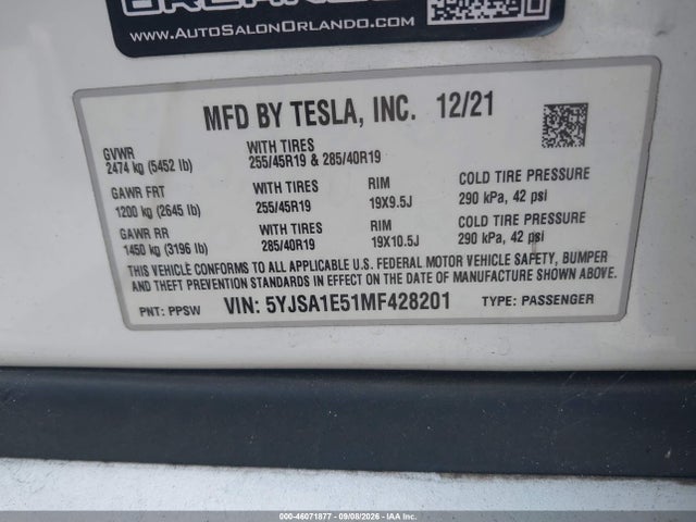 Продаж на аукціоні авто 2021 Tesla Model S Long Range Dual Motor All-wheel Drive, vin: 5YJSA1E51MF428201, номер лоту: 46071877
