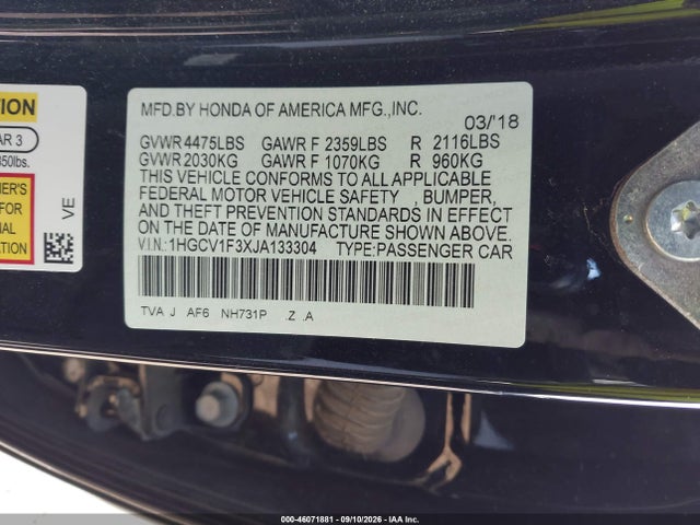 2018 Honda Accord Sport მანქანა იყიდება აუქციონზე, vin: 1HGCV1F3XJA133304, აუქციონის ნომერი: 46071881