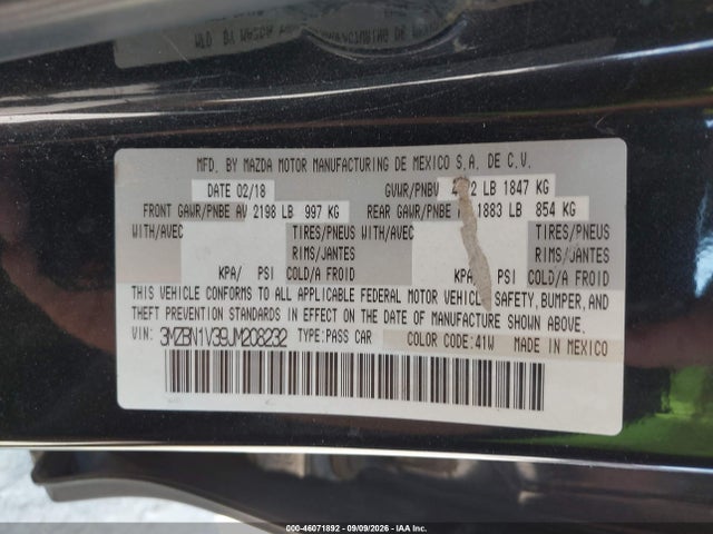Aukcja sprzedaży 2018 Mazda Mazda3 Touring, vin: 3MZBN1V39JM208232, numer aukcji: 46071892