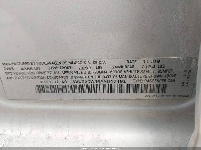 Aukcja sprzedaży 2010 Volkswagen Jetta Se, vin: 3VWRX7AJ5AM047491, numer aukcji: 46071898