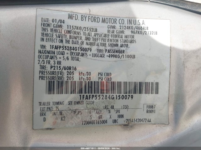 Продажа на аукционе авто 2004 Ford Taurus Ses, vin: 1FAFP55284G150079, номер лота: 46071911