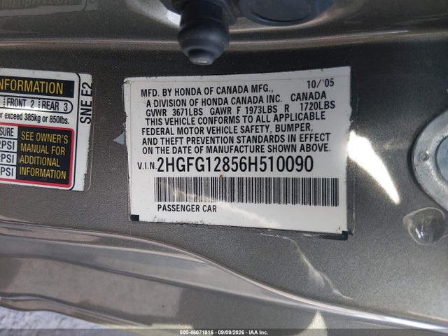 2006 Honda Civic Ex მანქანა იყიდება აუქციონზე, vin: 2HGFG12856H510090, აუქციონის ნომერი: 46071916