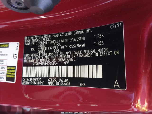 46071918 :رقم المزاد ، 2T2HZMDA9MC285064 vin ، 2021 Lexus Rx 350 مزاد بيع