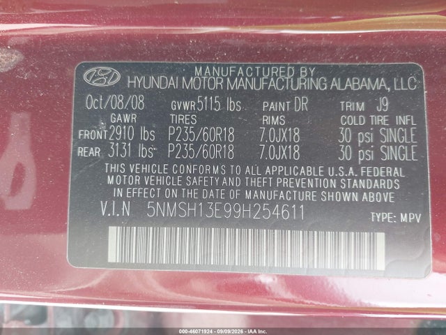 Продажа на аукционе авто 2009 Hyundai Santa Fe Limited, vin: 5NMSH13E99H254611, номер лота: 46071924