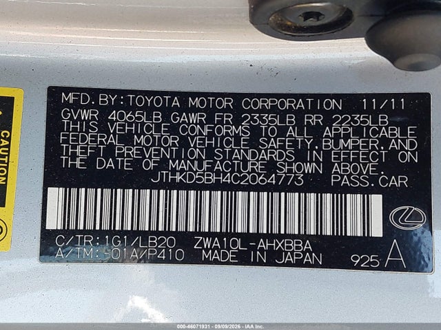 Aukcja sprzedaży 2012 Lexus Ct 200h Premium, vin: JTHKD5BH4C2064773, numer aukcji: 46071931