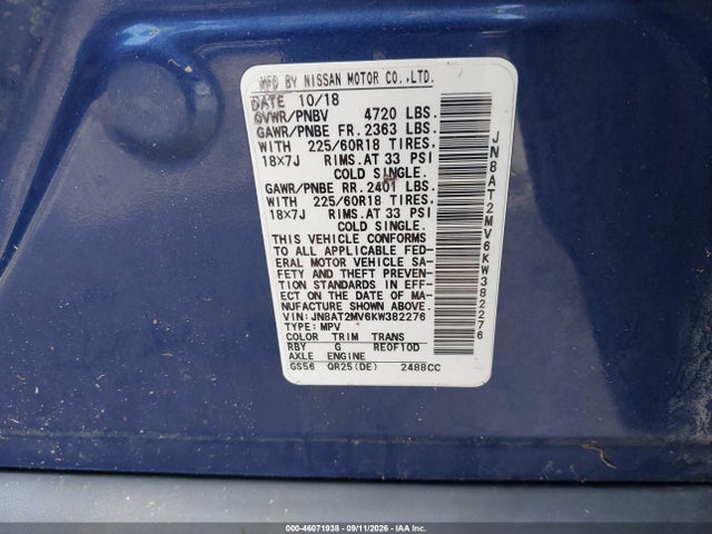 Aukcja sprzedaży 2019 Nissan Rogue Sv, vin: JN8AT2MV6KW382276, numer aukcji: 46071938