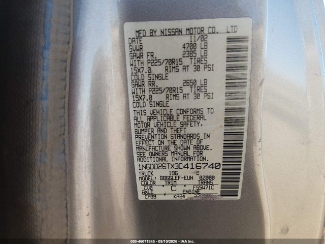 Aukcja sprzedaży 2003 Nissan Frontier Xe, vin: 1N6DD26TX3C416740, numer aukcji: 46071945