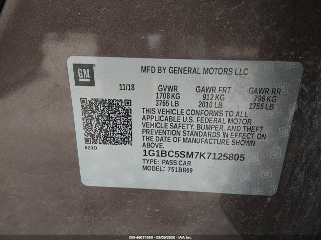2019 Chevrolet Cruze Ls მანქანა იყიდება აუქციონზე, vin: 1G1BC5SM7K7125805, აუქციონის ნომერი: 46071960