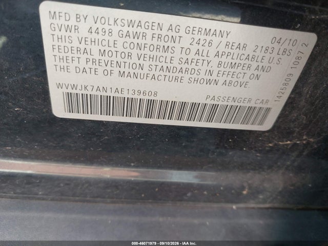 Продажа на аукционе авто 2010 Volkswagen Passat Komfort, vin: WVWJK7AN1AE139608, номер лота: 46071979