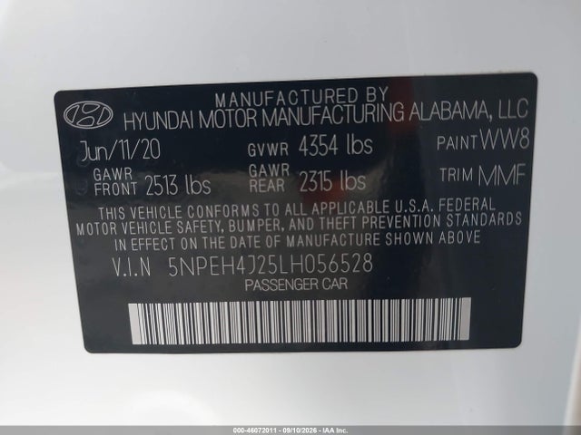 Продажа на аукционе авто 2020 Hyundai Sonata Limited, vin: 5NPEH4J25LH056528, номер лота: 46072011