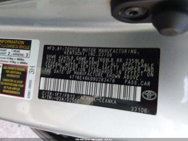 46072018 :رقم المزاد ، 4T1BE46K99U283476 vin ، 2009 Toyota Camry Le مزاد بيع