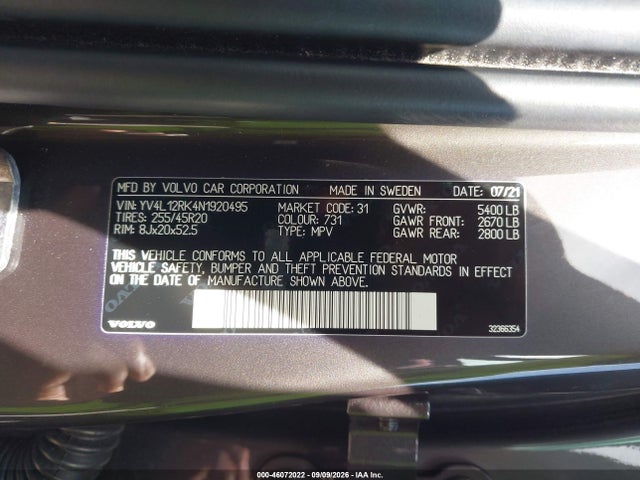 Продаж на аукціоні авто 2022 Volvo Xc60 B5 Momentum, vin: YV4L12RK4N1920495, номер лоту: 46072022