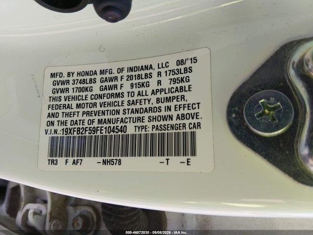Aukcja sprzedaży 2015 Honda Civic Lx, vin: 19XFB2F59FE104540, numer aukcji: 46072030