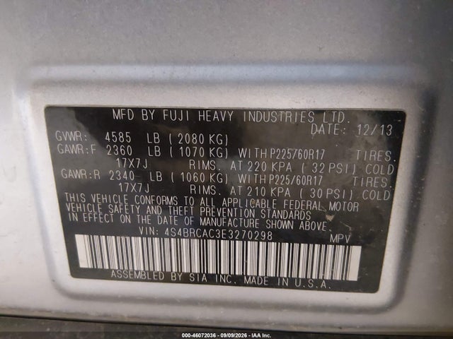 2014 Subaru Outback 2.5i მანქანა იყიდება აუქციონზე, vin: 4S4BRCAC3E3270298, აუქციონის ნომერი: 46072036