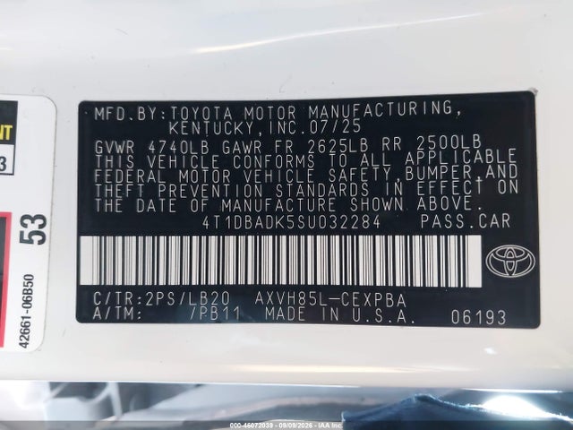 2025 Toyota Camry Xse მანქანა იყიდება აუქციონზე, vin: 4T1DBADK5SU032284, აუქციონის ნომერი: 46072039