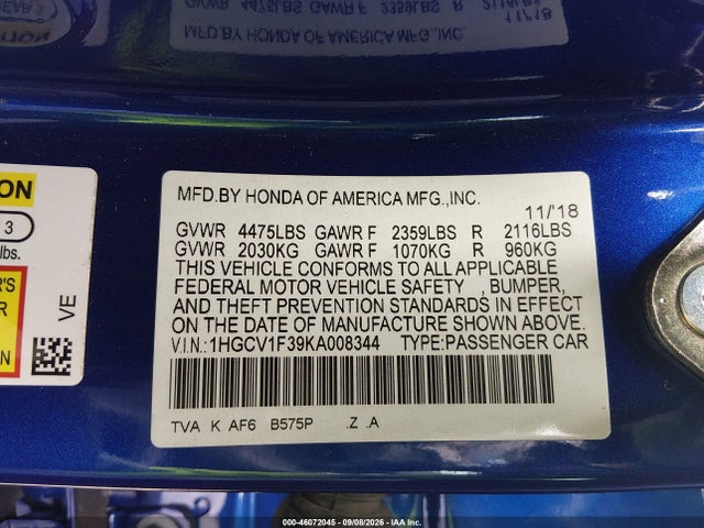 Продаж на аукціоні авто 2019 Honda Accord Sport, vin: 1HGCV1F39KA008344, номер лоту: 46072045