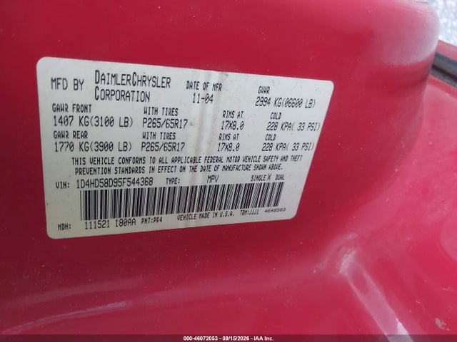 46072053 :رقم المزاد ، 1D4HD58D95F544368 vin ، 2005 Dodge Durango Limited مزاد بيع