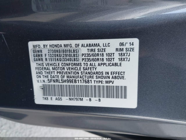 Aukcja sprzedaży 2014 Honda Odyssey Touring/touring Elite, vin: 5FNRL5H99EB117681, numer aukcji: 46072066