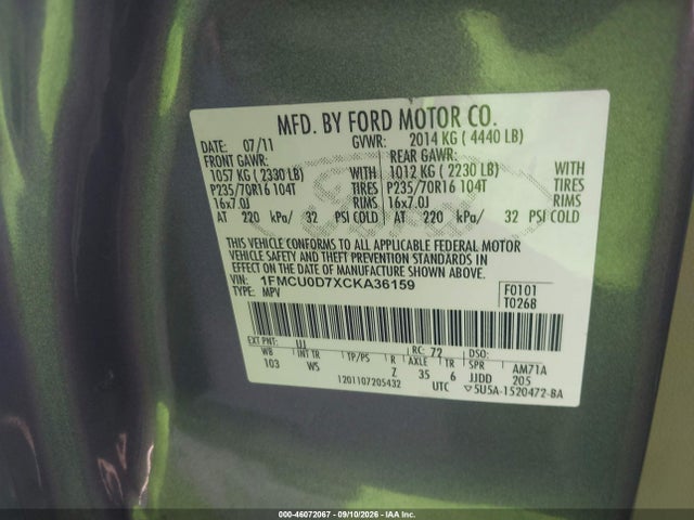 Продажа на аукционе авто 2012 Ford Escape Xlt, vin: 1FMCU0D7XCKA36159, номер лота: 46072067