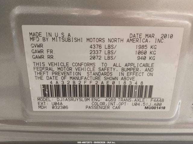 2010 Mitsubishi Galant Fe მანქანა იყიდება აუქციონზე, vin: 4A32B2FF2AE018348, აუქციონის ნომერი: 46072073