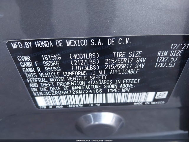 Продажа на аукционе авто 2022 Honda Hr-v 2wd Ex-l, vin: 3CZRU5H72NM724166, номер лота: 46072079