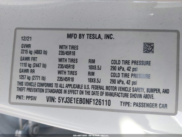 5YJ3E1EB0NF126110 Tesla Model 3 Long Range Dual Motor All-wheel Drive