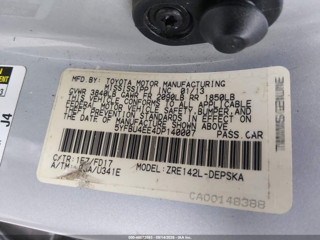 46072093 :رقم المزاد ، 5YFBU4EE4DP140007 vin ، 2013 Toyota Corolla S مزاد بيع