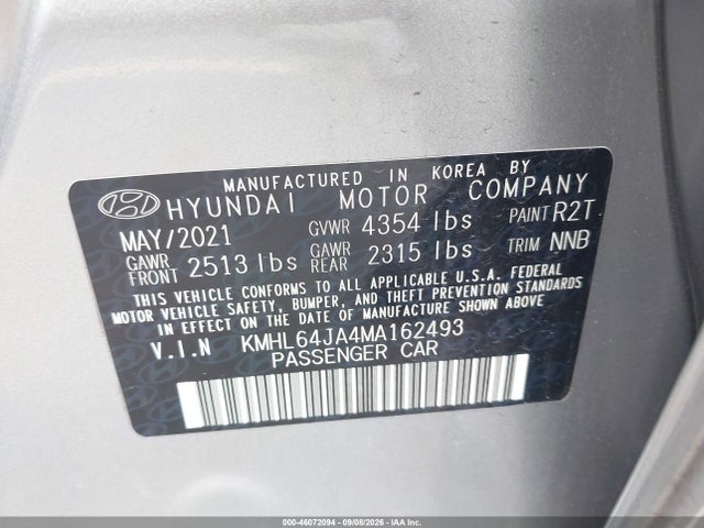 2021 Hyundai Sonata Sel მანქანა იყიდება აუქციონზე, vin: KMHL64JA4MA162493, აუქციონის ნომერი: 46072094